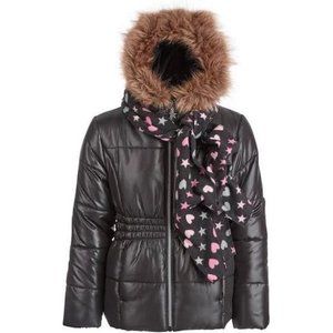Rothschild Girls Black Puffer Jacket With Scarf and Faux Fur Trim, Size S 7/8